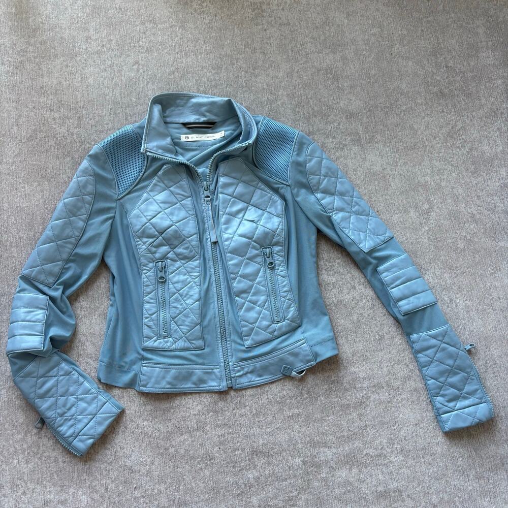 Blanc Noir Blue Leather Moto Mesh Jacket - Picture 3 of 12